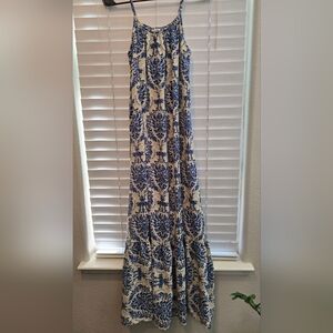 Blue and White Printed Maxi Dress - Elegant Damask Design